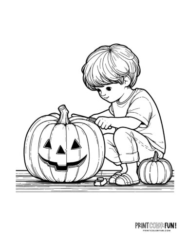 Kids carving Halloween pumpkins into jack-o'lanterns - Printable coloring (3)