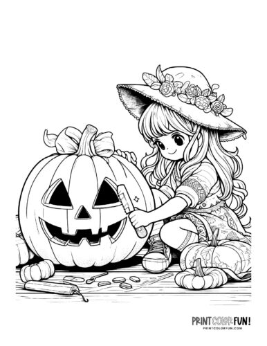 Kids carving Halloween pumpkins into jack-o'lanterns - Printable coloring (4)