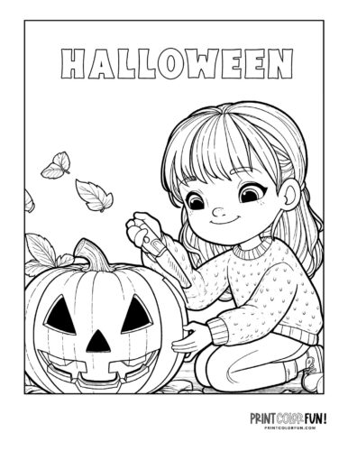 Kids carving Halloween pumpkins into jack-o'lanterns - Printable coloring (5)