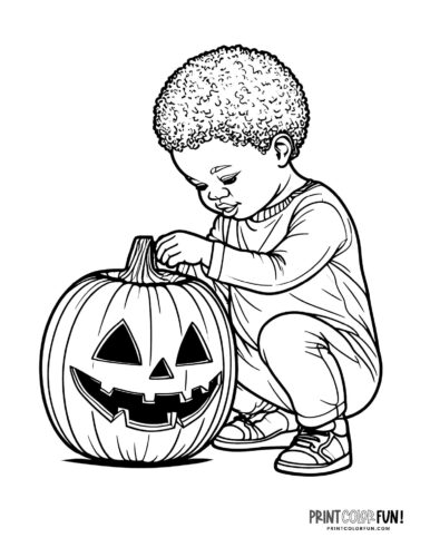 Kids carving Halloween pumpkins into jack-o'lanterns - Printable coloring (6)