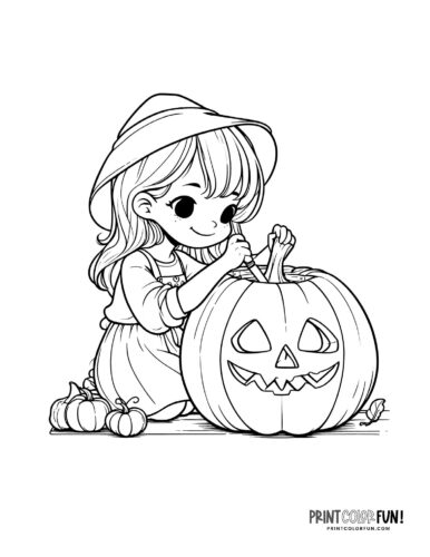 Kids carving Halloween pumpkins into jack-o'lanterns - Printable coloring (7)