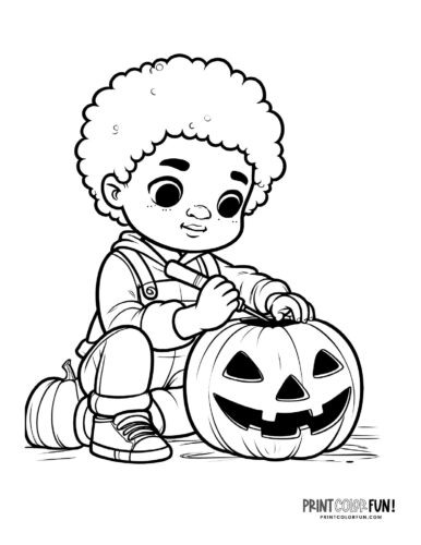 Kids carving Halloween pumpkins into jack-o'lanterns - Printable coloring (8)