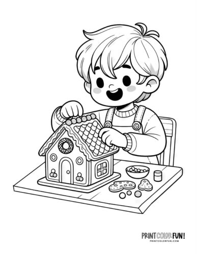 Kids decorating gingerbread house coloring page from PrintColorFun com (1)