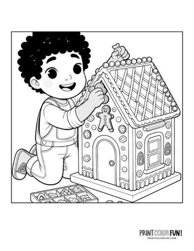 Kids decorating gingerbread house coloring page from PrintColorFun com (10)