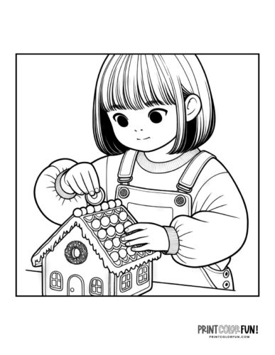 Kids decorating gingerbread house coloring page from PrintColorFun com (2)