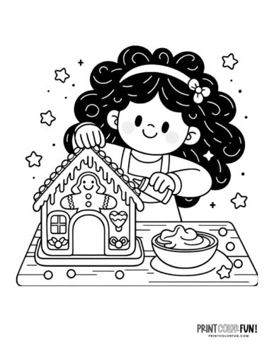 Kids decorating gingerbread house coloring page from PrintColorFun com (3)