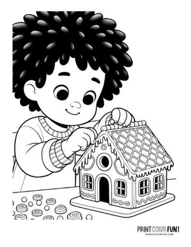 Kids decorating gingerbread house coloring page from PrintColorFun com (4)