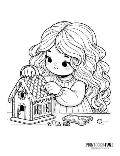 Kids decorating gingerbread house coloring page from PrintColorFun com (5)