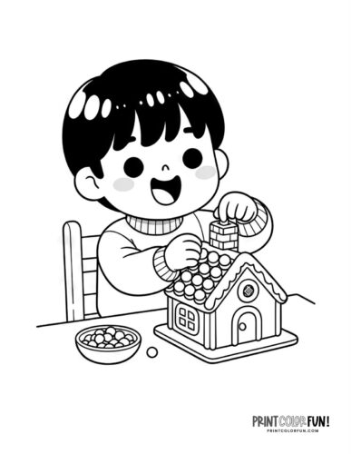 Kids decorating gingerbread house coloring page from PrintColorFun com (6)