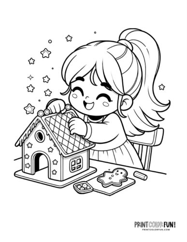 Kids decorating gingerbread house coloring page from PrintColorFun com (7)