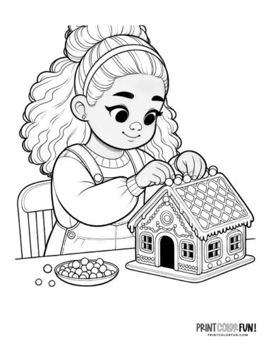 Kids decorating gingerbread house coloring page from PrintColorFun com (9)