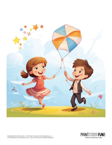 Kids flying kites color clipart from PrintColorFun com 2