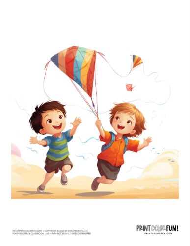 Kids flying kites color clipart from PrintColorFun com 3