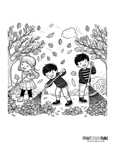 Kids having fun raking leacves coloring page from PrintColorFun com