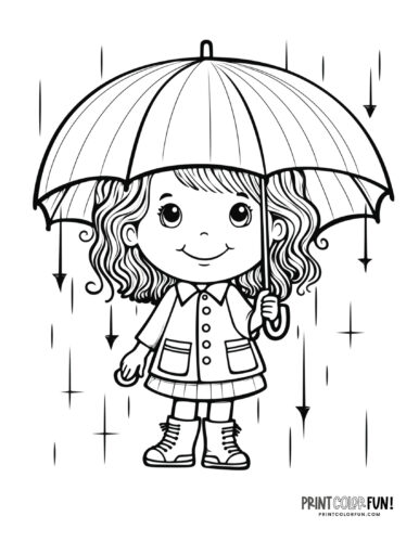 Rainy day clipart: Kids in rain coloring pages from PrintColorFun com (5)