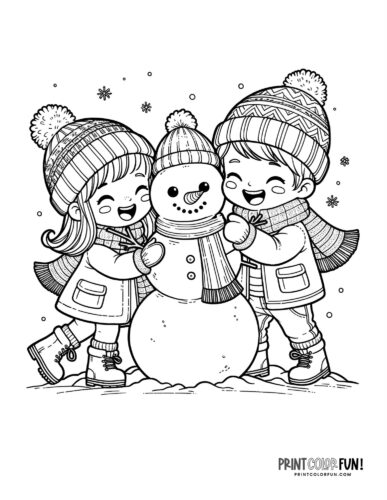 Kids making a snowperson - Snowman coloring page from PrintColorFun com