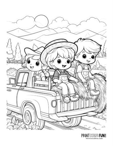 Kids on a pickup truck for a hayride coloring page from PrintColorFun com