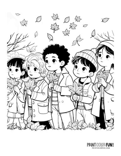 Kids playing outside in the fall coloring page from PrintColorFun com