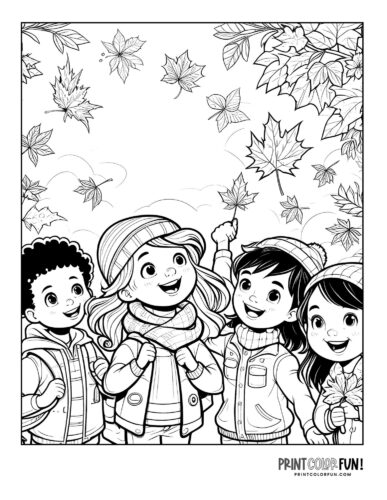 Kids playing with fall leaves coloring page from PrintColorFun com