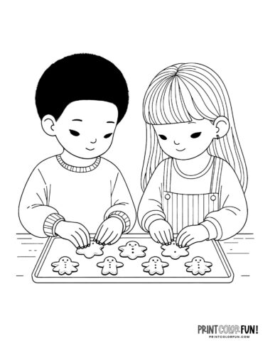 Kids putting gingerbread man cookies on a baking sheet from PrintColorFun com