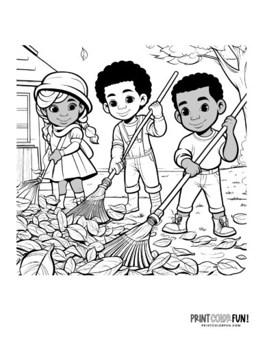 Kids raking leaves coloring page from PrintColorFun com