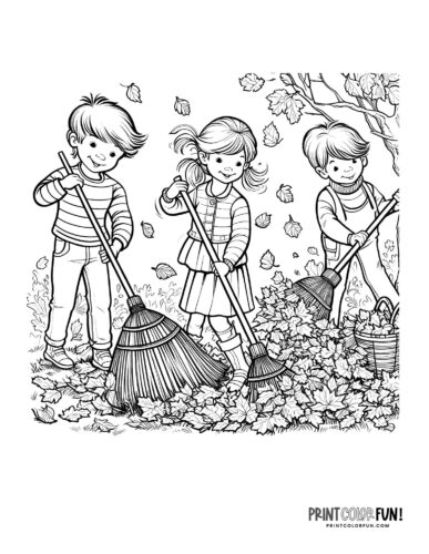 Kids raking leaves on a fall day coloring page from PrintColorFun com