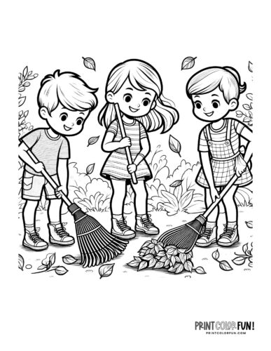 Kids raking up autumn leaves coloring page from PrintColorFun com
