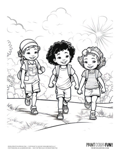 Kids walking ouside on a sunny day coloring page from PrintColorFun com (1)