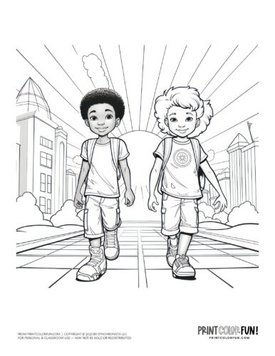 Kids walking ouside on a sunny day coloring page from PrintColorFun com (2)