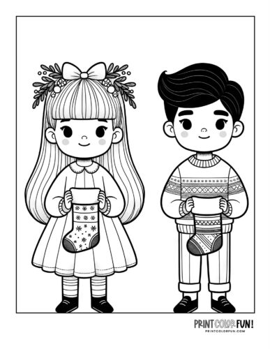 Kids with Christmas stockings coloring page A PrintColorFun com
