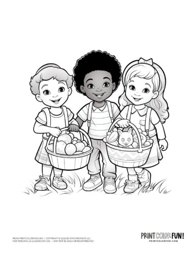 Kids with Easter baskets coloring page drawing from PrintColorFun com (1)