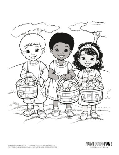 Kids with Easter baskets coloring page drawing from PrintColorFun com (2)