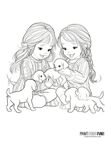 Kids with dogs coloring page from PrintColorFun com 01