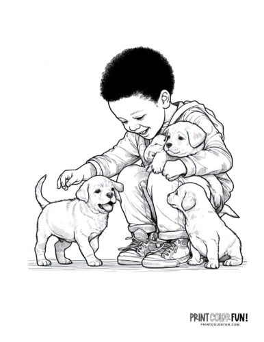 Kids with dogs coloring page from PrintColorFun com 02