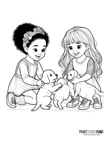 Kids with dogs coloring page from PrintColorFun com 04