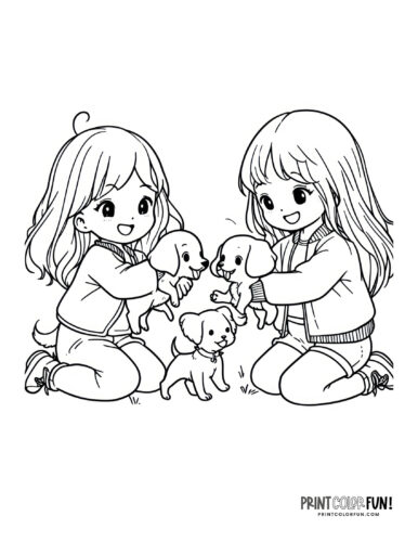Kids with dogs coloring page from PrintColorFun com 05