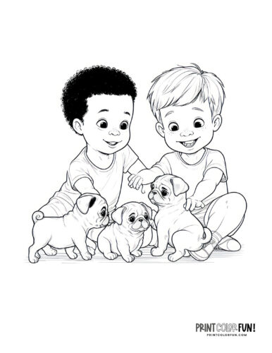 Kids with dogs coloring page from PrintColorFun com 06