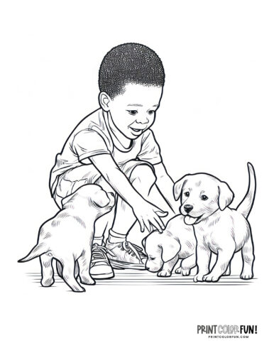 Kids with dogs coloring page from PrintColorFun com 07