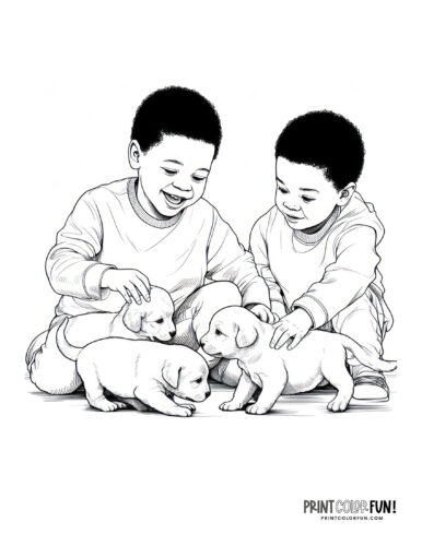 Kids with dogs coloring page from PrintColorFun com 09