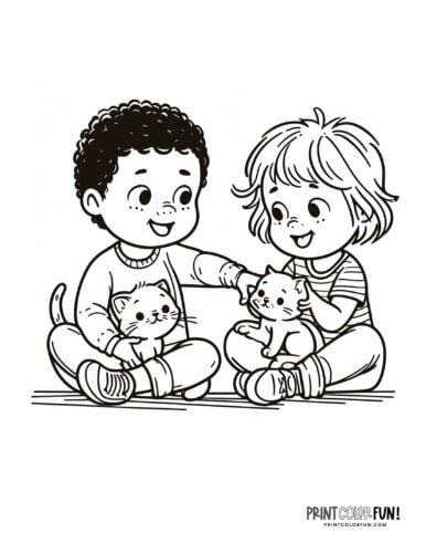 Kids with kittens coloring page clipart from PrintColorFun com (1)