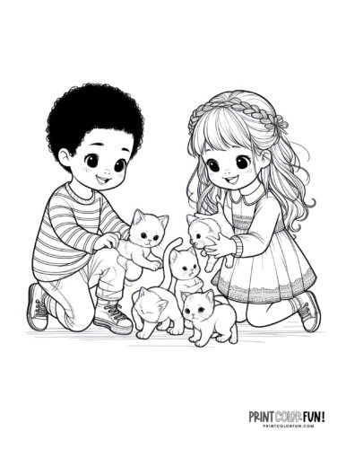 Kids with kittens coloring page clipart from PrintColorFun com (2)