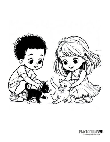 Kids with kittens coloring page clipart from PrintColorFun com (3)