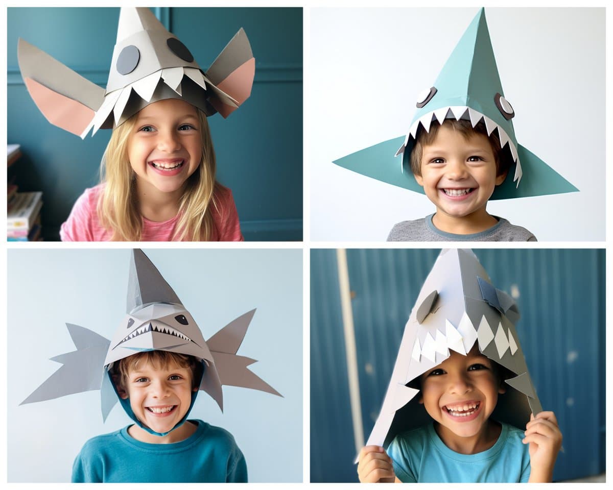 Kids with paper shark hat crafts at PrintColorFun com