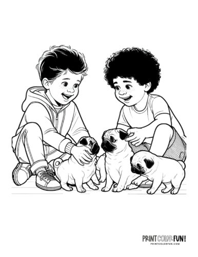 Kids with pugs - dogs coloring page from PrintColorFun com