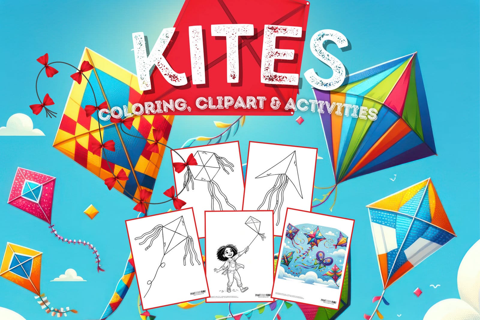 Kite coloring page clipart activities from PrintColorFun com