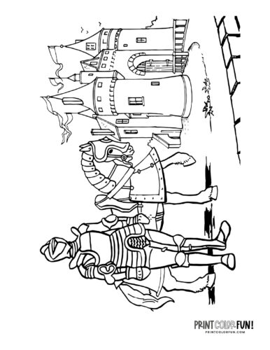 Knight protecting a castle coloring page at PrintColorFun com