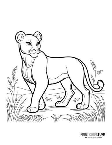 Lioness walking in the savanna coloring page - PrintColorFun com