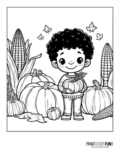 Little boy with pumpkins and fall harvest - coloring page from PrintColorFun com