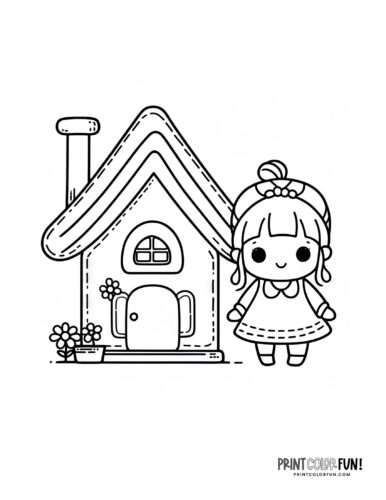 Little girl with a cute cottage house coloring page from PrintColorFun com