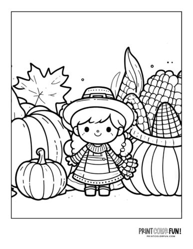 Little girl with autumn plant harvest - coloring page from PrintColorFun com